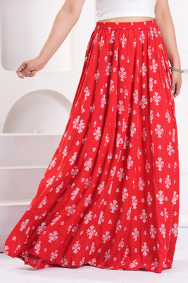 Clothy N Wave Printed Women Flared Red Skirt