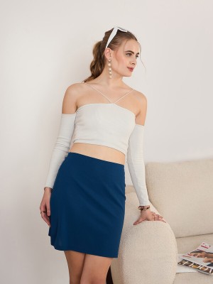 Berrylush Solid Women Pencil Blue Skirt