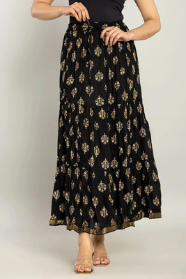 kumbhaj Printed Women Flared Black Skirt
