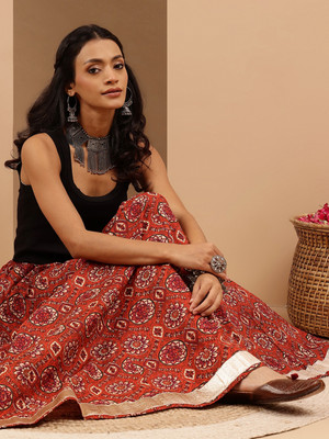 Janasya Floral Print Women Flared Orange Skirt