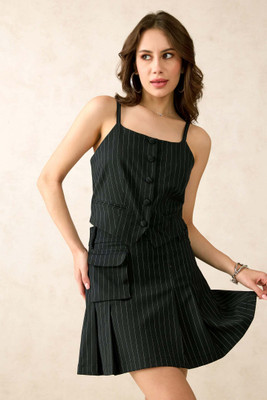 virgio Striped Women Flared Blue Skirt