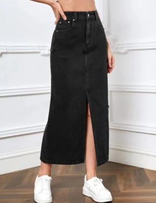 Revella Fashion Solid Women Straight Black Skirt