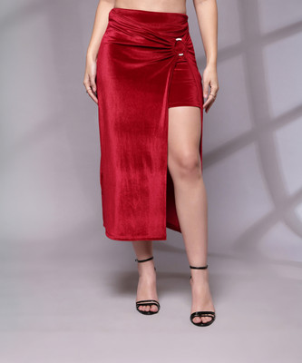KASSUALLY Solid Women Straight Maroon Skirt