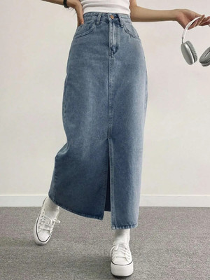 ACUAN Solid Women Pencil Light Blue Skirt