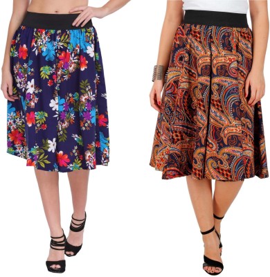 Grace Diva Floral Print Women Flared Blue, Brown Skirt