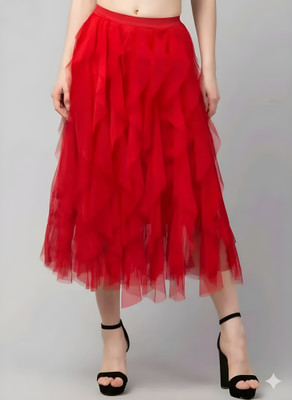 fashion av Solid Women Flared Red Skirt