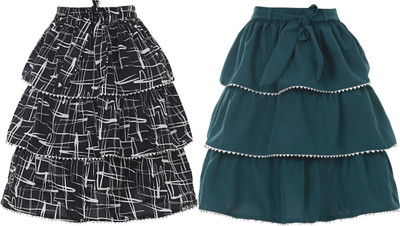 Miranga Printed Girls Pleated Dark Blue Skirt