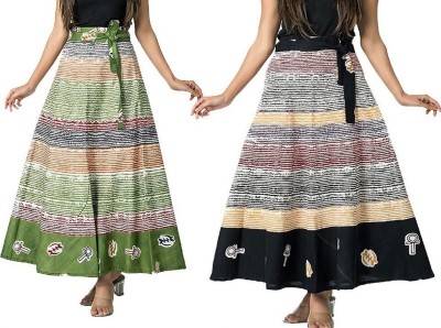 MayFay Printed Women Wrap Around Green, Black Skirt