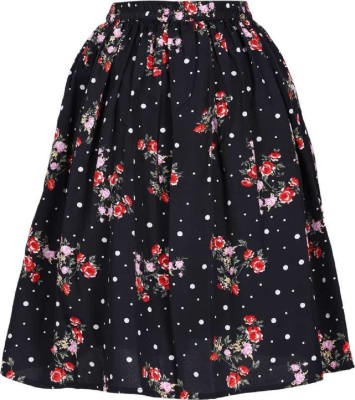 Trefle Floral Print Girls Flared Black Skirt