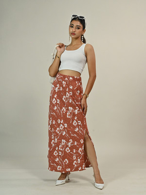SWISHIN Floral Print Women Flared Brown Skirt