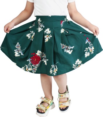 Rcube Floral Print Girls Pleated Dark Green Skirt