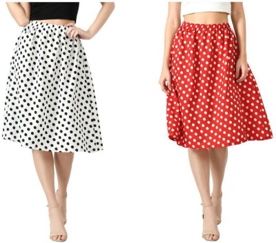 KAVYA Polka Print, Floral Print Women Flared White, Red Skirt