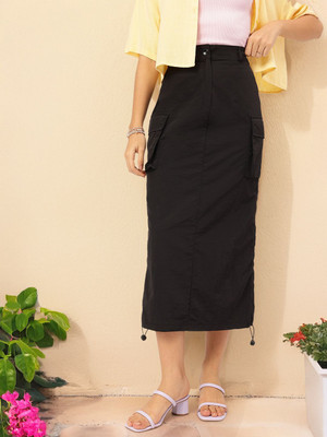 Dressberry Solid Women Straight Black Skirt