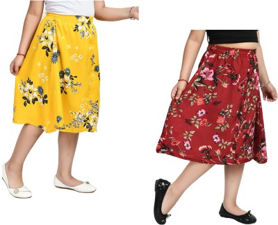 KAVYA Floral Print Girls Flared Yellow, Maroon Skirt