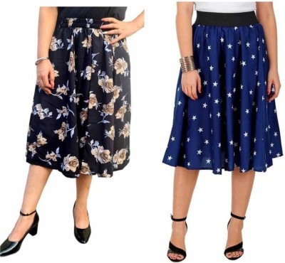 Mannat Diva Printed Women Flared Black, Blue Skirt