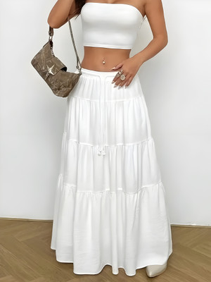 GS CREATION Self Design Women Flared White Skirt