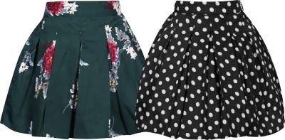 Linya Floral Print Girls Pleated Black, Green Skirt