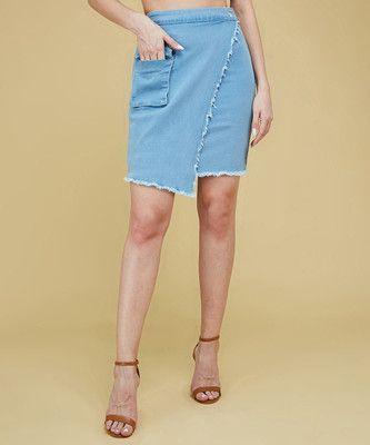 Dressberry Solid Women Asymetric Blue Skirt