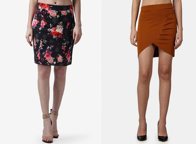 POPWINGS Printed, Solid Women Pencil Multicolor Skirt