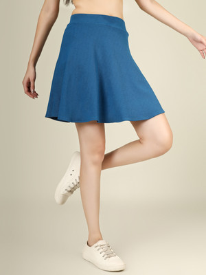 Yunic29 Solid Women Flared Blue Skirt