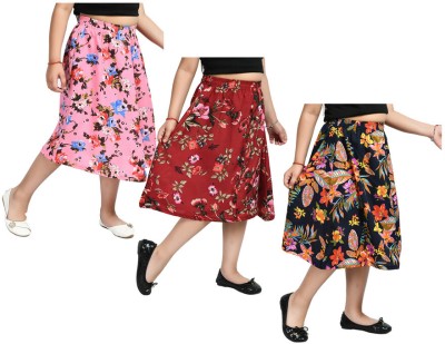 KAVYA Floral Print Girls Regular Pink, Maroon, Black Skirt