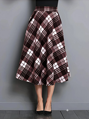 HouseOfCommon Checkered Women Flared Brown, White Skirt