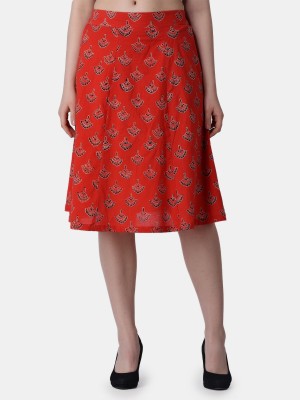 POPWINGS Printed Women Flared Red Skirt