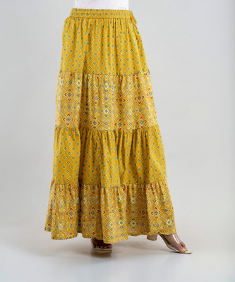 COTTON INDIA Printed Women Flared Yellow Skirt