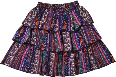 Blooming Flowers Printed Girls Flared Blue, Red Skirt