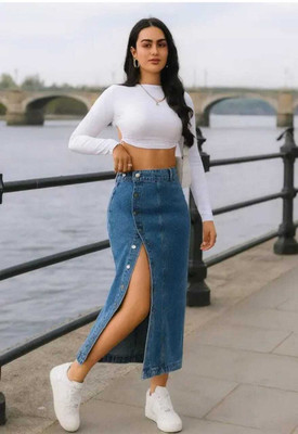 VESTISIN Solid Women A-line Blue Skirt