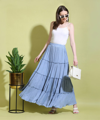 San'bae Solid Women Flared Light Blue Skirt