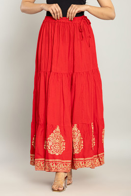 kumbhaj Printed Women Flared Red Skirt