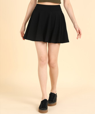 Gurways Solid Women Flared Black Skirt