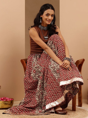 Janasya Floral Print Women Flared Maroon Skirt