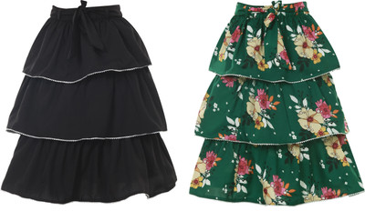 HEAVENS CREATIONS Floral Print Girls Pleated Black Skirt