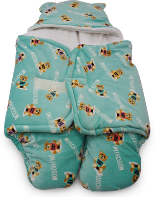 safe n cute Velvet Teddy Print Swaddler Super Soft Fabric for newborn baby (0-6 months) Sleeping Bag(Green)
