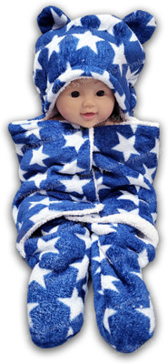 Synlark Printed Single Hooded Baby Blanket for  Mild Winter(Woollen Blend, Blue)