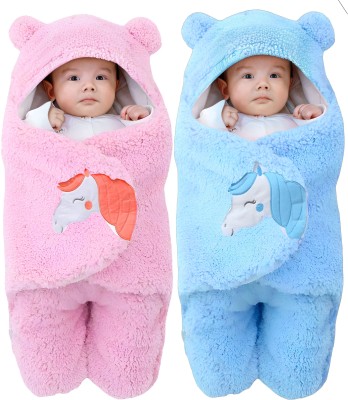 BRANDONN Embroidered Single Hooded Baby Blanket for  Mild Winter(Microfiber, Pink, Skyblue)