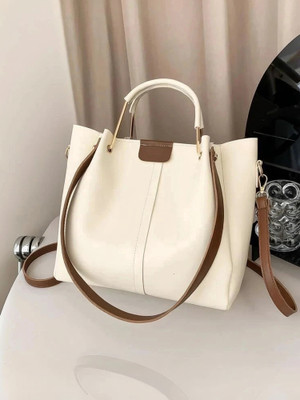 accomade White Hand-held Bag Casual Women's Shoulder in pu-Leather- Spacious Tote with 1 Main Compartment