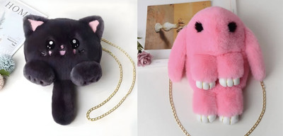 Nappmall Black, Pink Sling Bag Women Shoulder Bag Cute Soft & Fluffy Teddy Bear Sling Bag | Side Bags(Pack of 2)