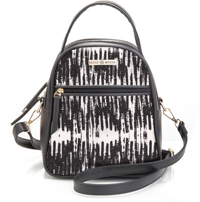 house of common Black Shoulder Bag Printed Vegan Leather and Coated Duck canvas Fabric Sling Handbag, Bag For Women