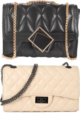 Bag ward Black, Beige Sling Bag Stylish Fancy Unique Design Sling Bag For Women's/Girls(Pack of 2)