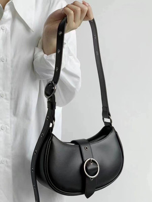 StyleForevr Black Sling Bag Half Moon Shaped Silver Lock Decor Crossbody Shoulder, Crossbody Bag For Girls