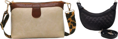 Dakota Black, Beige Sling Bag Genuine Leather Stylish Moon Bag for Women – Compact & Trendy(Pack of 2)