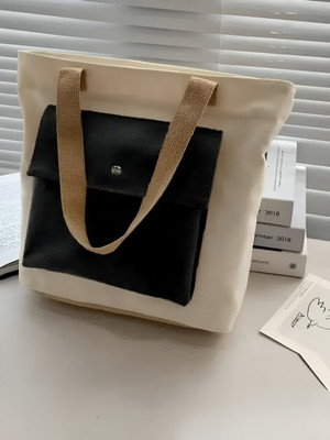 stylishq store White, Black Tote Stylish Spacious Canvas Tote Bag with Zip for Women