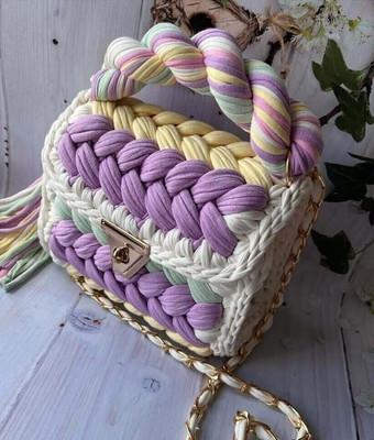 JNT SIMPEX Multicolor Hand-held Bag Purple Crochet Bag with Gold Chain