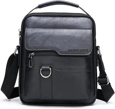 HANDCUFFS Black Sling Bag Mens Messenger Bag Leather Side Sling Shoulder