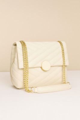 TREND STORE BAGS Beige Sling Bag Designer Crossbody Handbag, Faux Leather, Gold Chain Strap