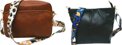Dakota Brown, Black Sling Bag /Crossbody Bag with White Adjustable Belt for Girls & Women(Pack of 2)