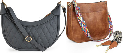 Dakota Grey, Brown Sling Bag Genuine Leather Stylish Moon Bag for Women – Compact & Trendy(Pack of 2)